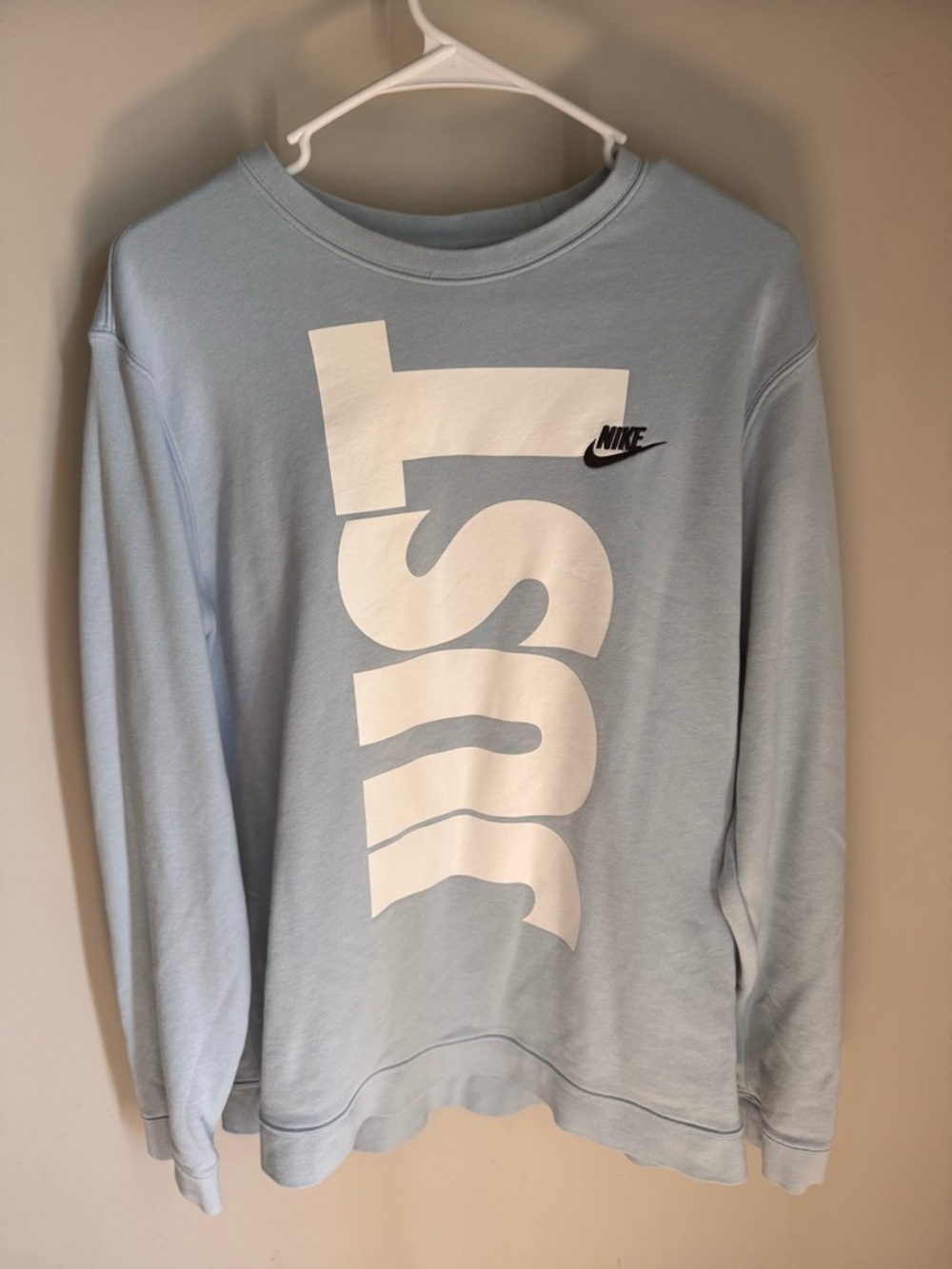 Nike Men’s Light Blue Crewneck Sweatshirt with White Vertical 'Just Do It' Print